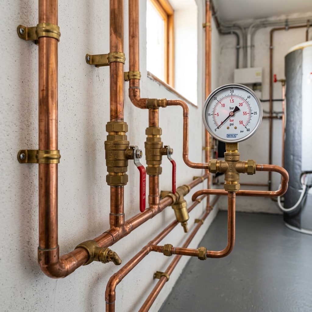 Domestic copper and steel pipework with valves and fittings